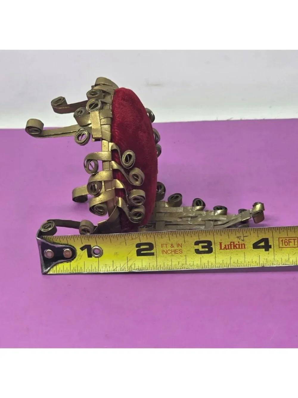 Vintage Handmade Tin Metal Scroll Chair Red Velvet Dollhouse/PinCushion Folk Art